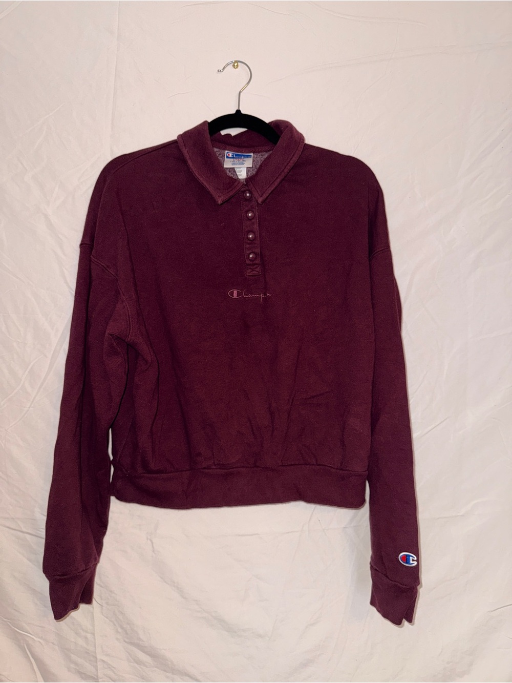 Champion Maroon Collared Quarter Button Pullover Crop Sweatshirt Size Large